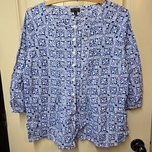 Talbots Woman Medium Tunic Blouse Blue 3/4 Sleeve Button Front Boho Cotton